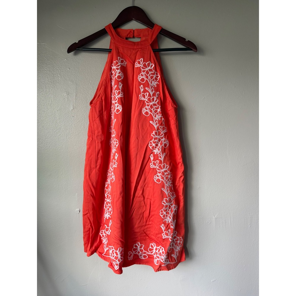 Lulus Coral Orange Floral Embroidered Halter Mini Dress Small Boho Summer